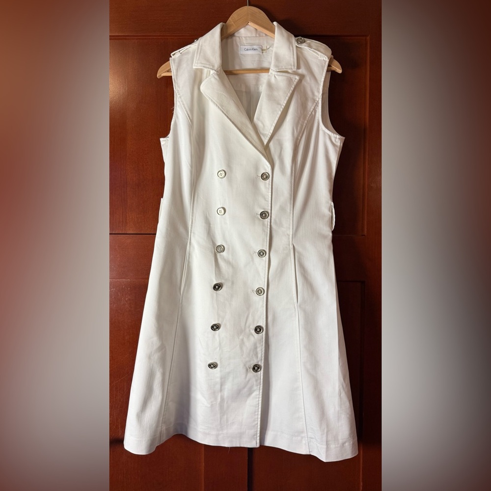 Calvin Klein Sleeveless Double Breasted Coat Dress White With Belt Size 12 - Picture 1 of 8
